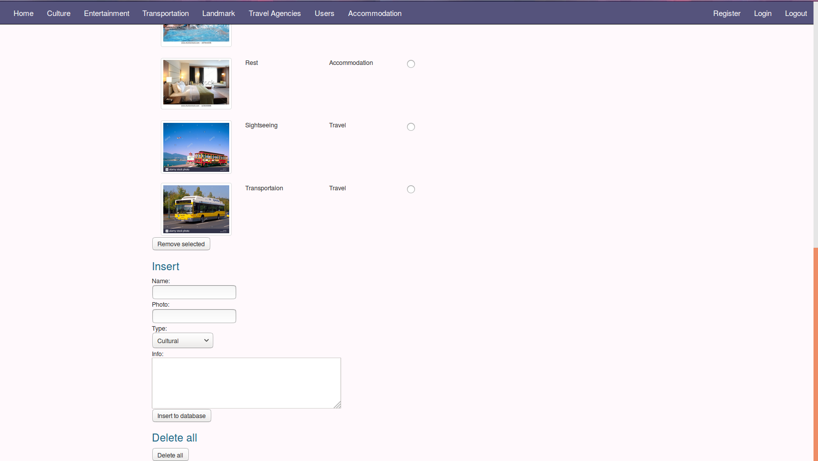 activities main admin page